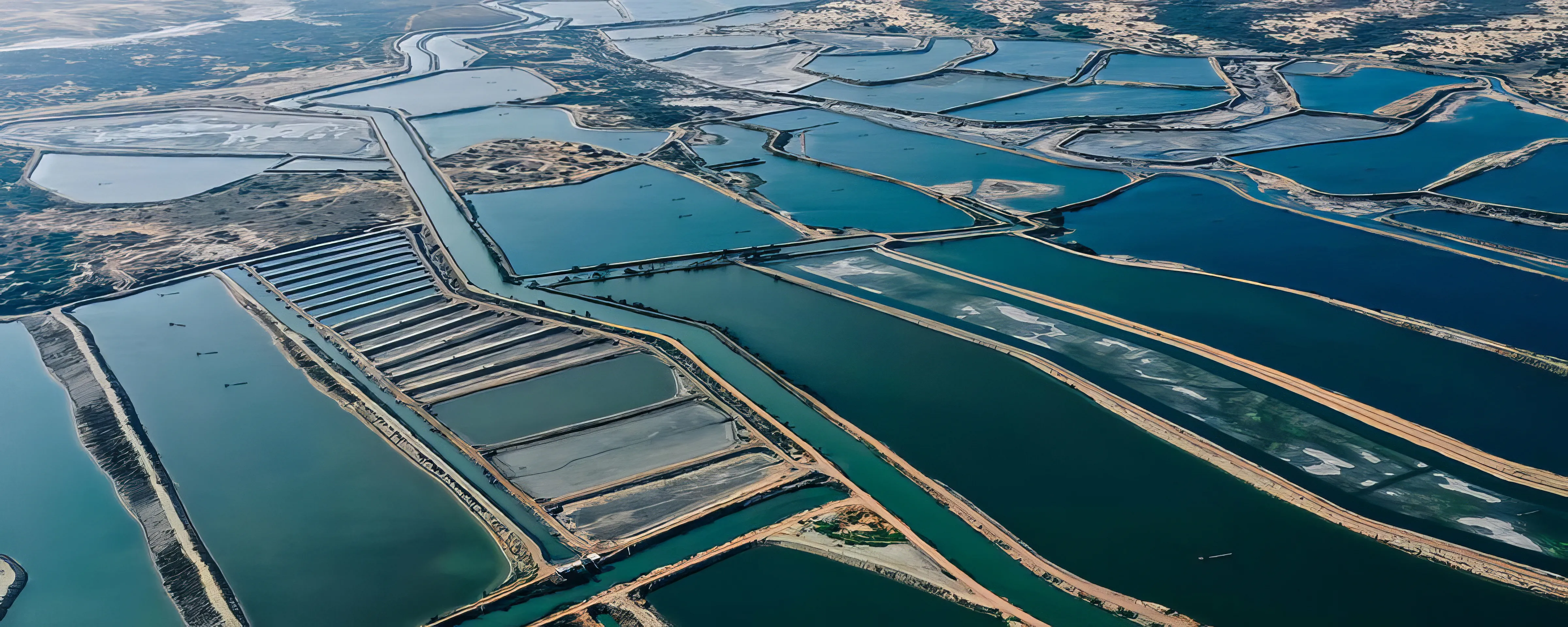 An expansive aerial view of a meticulously organized shrimp aquaculture farm featuring numerous interconnected ponds filled with varying shades of blue and green water, bordered by sandy terrain.