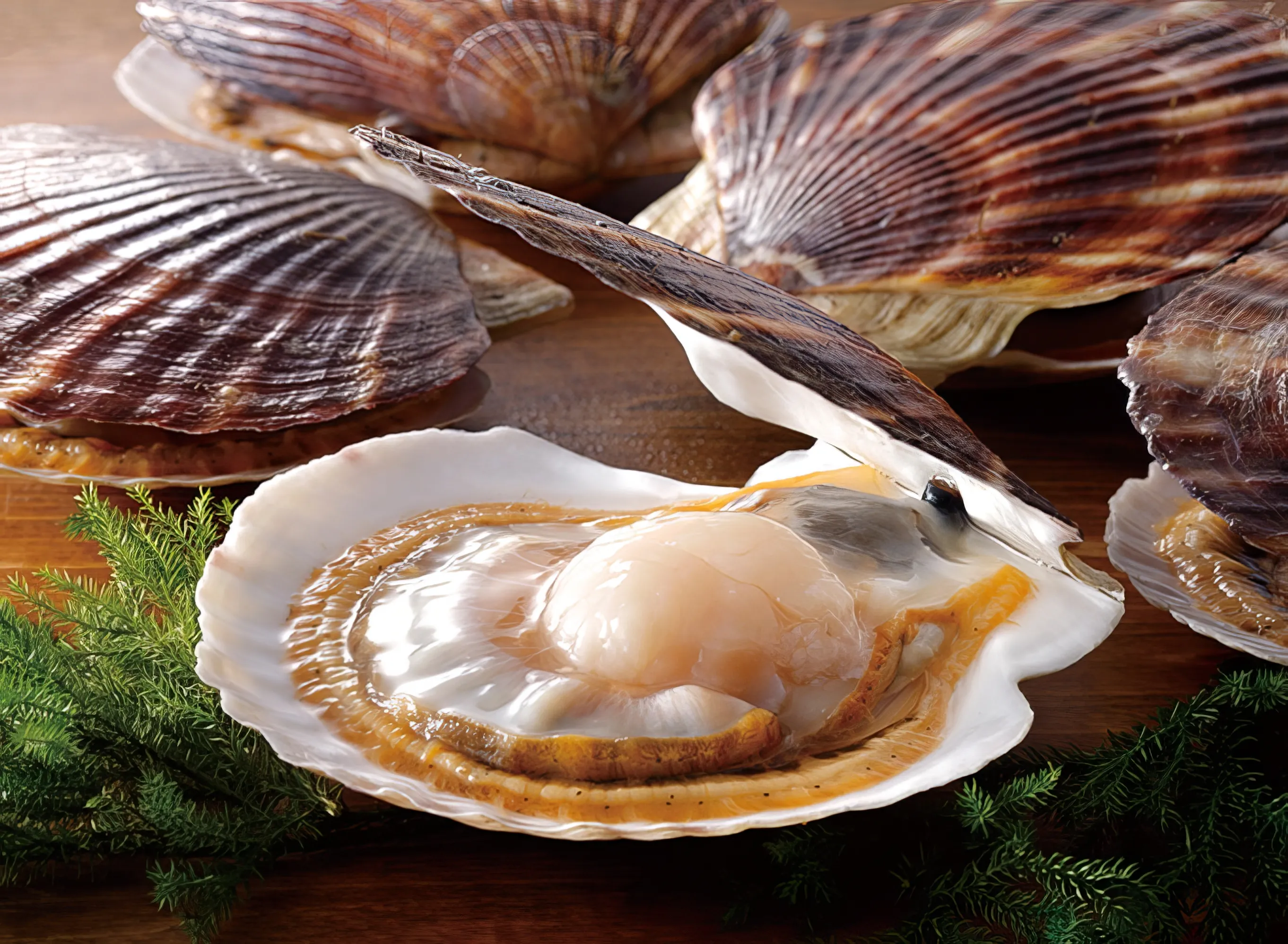 A vibrant close-up of several fresh whole scallops in their shells, with one prominently open to reveal its plump, pristine meat and golden-orange skirt, resting on a rich wooden surface adorned with green pine-like garnish.