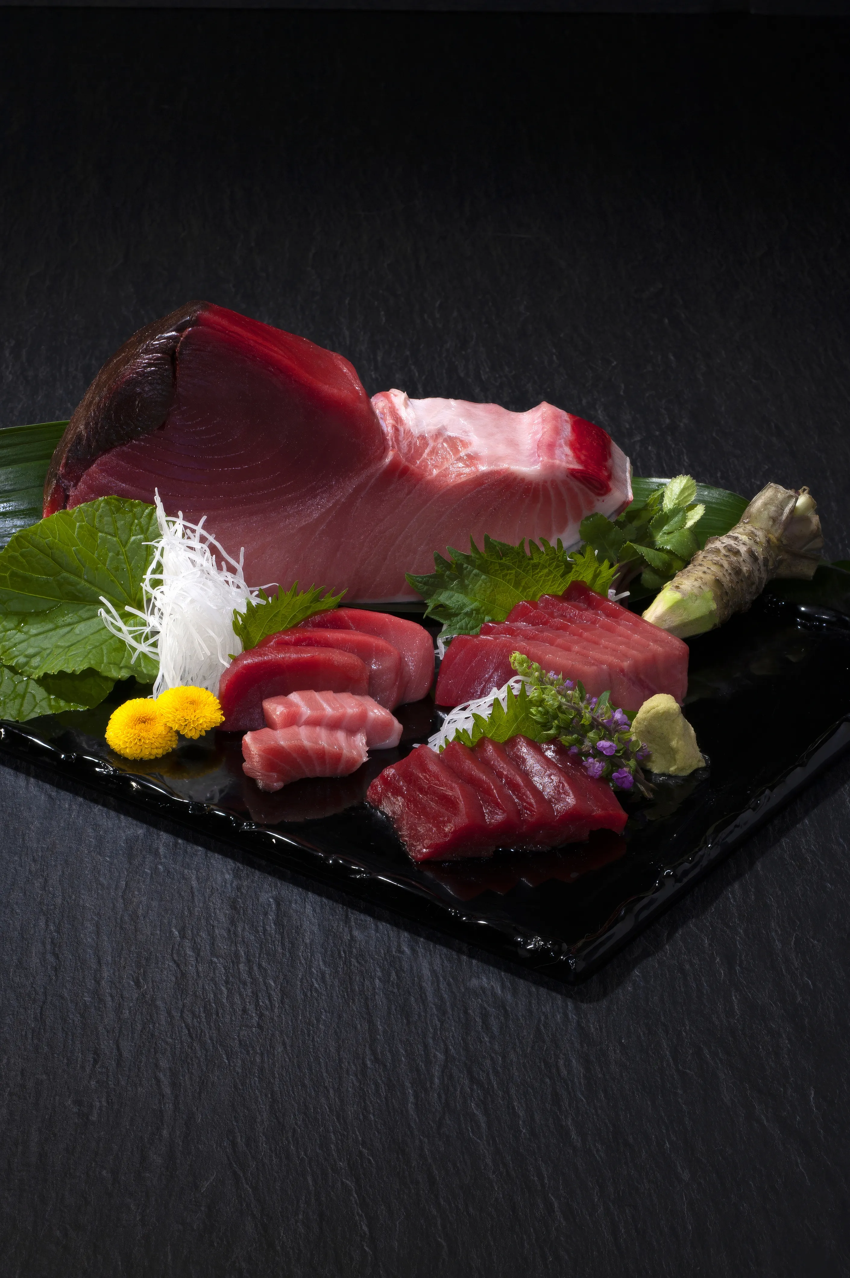 A beautifully arranged platter showcasing various cuts of fresh Hon Maguro (Bluefin Tuna) sashimi, accompanied by fresh wasabi root, shiso leaves, and shredded daikon on a dark slate background.