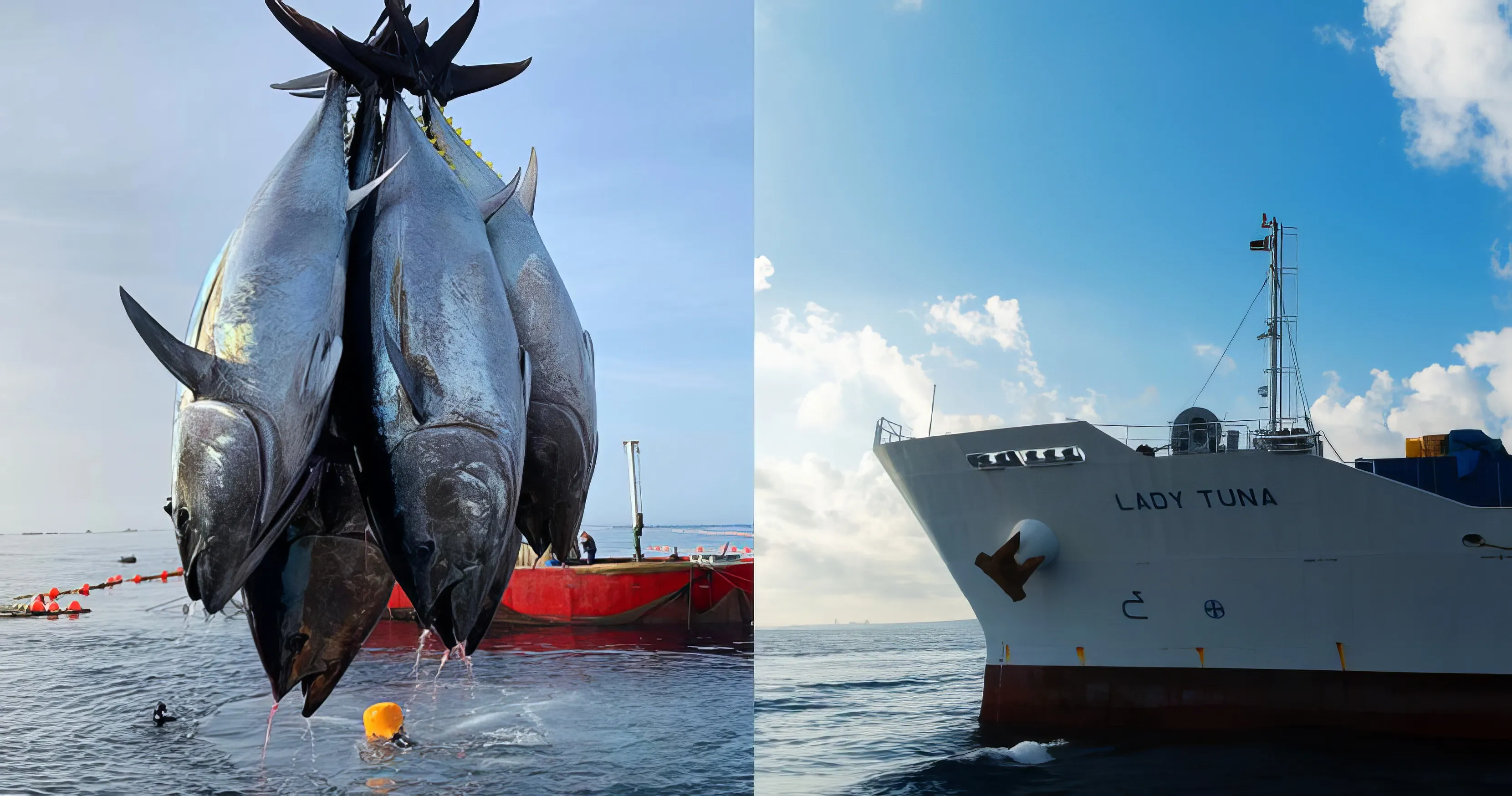 A diptych showing freshly caught large tuna being hoisted from the ocean on the left, and the bow of a fishing vessel named 'LADY TUNA' on the right, under a clear blue sky.