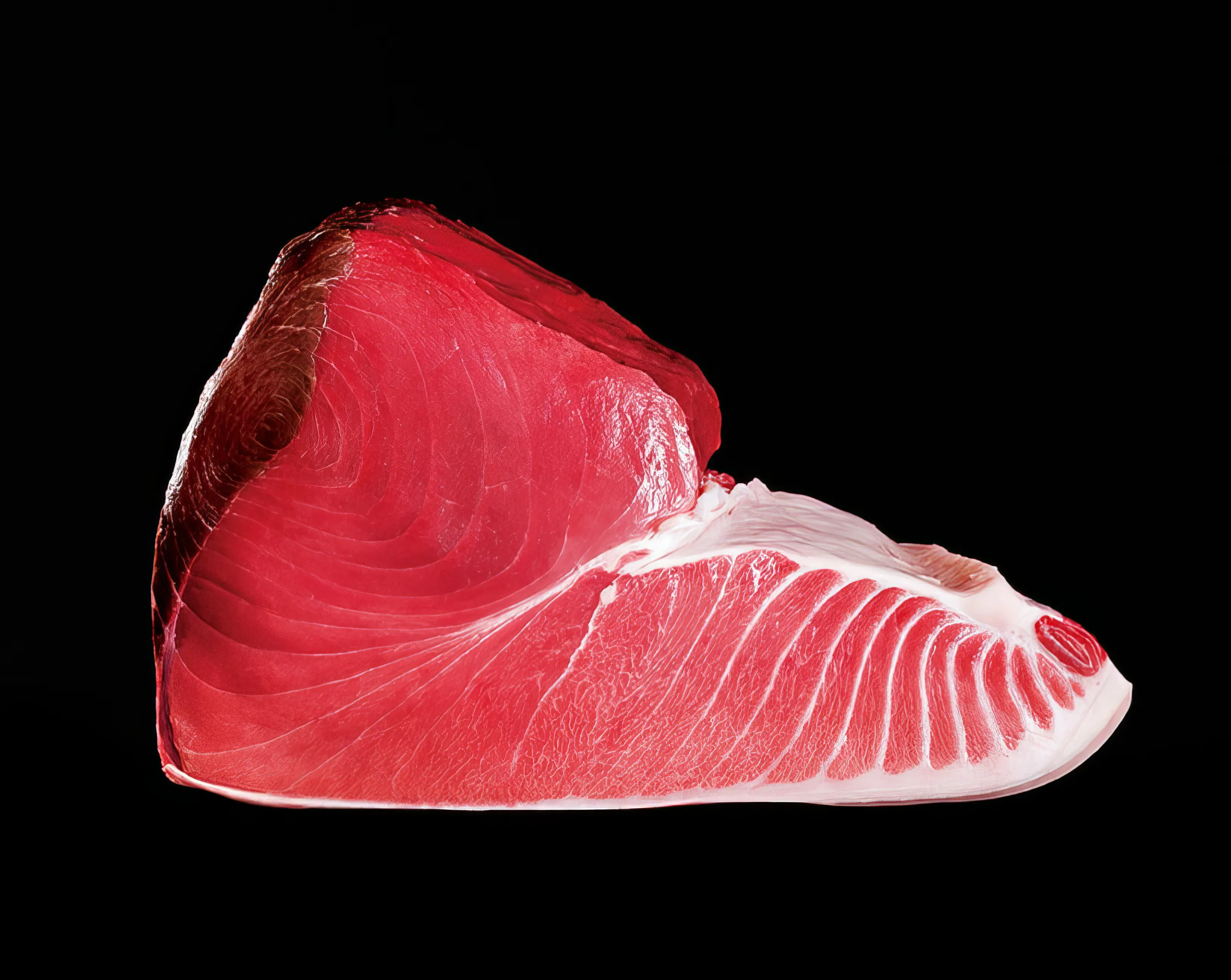 A large, vibrant block of sashimi-grade tuna, featuring rich red akami and beautifully marbled pink chutoro sections, presented against a stark black background.
