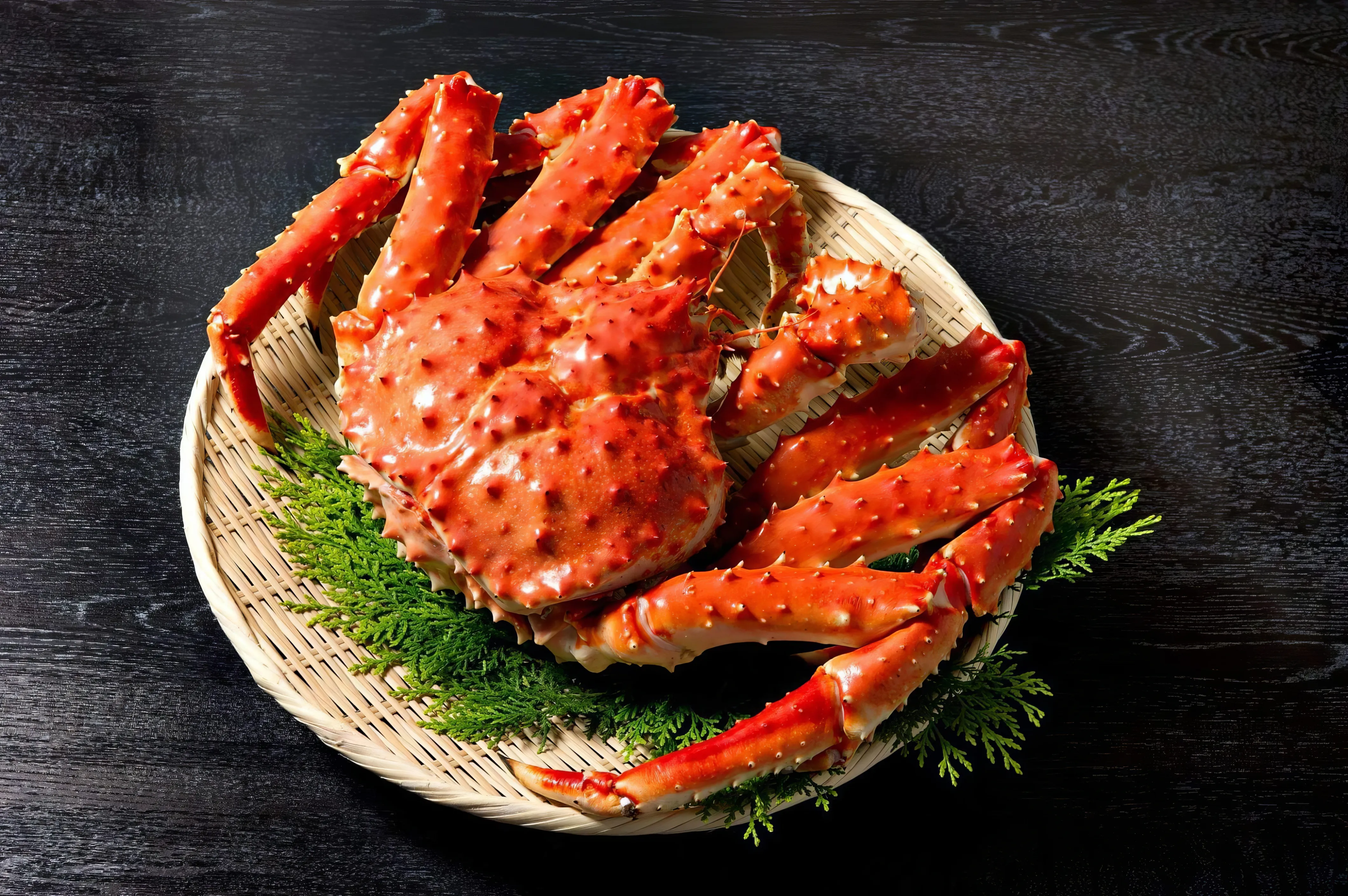 A vibrant red king crab, freshly cooked, is presented on a traditional Japanese bamboo woven platter, garnished with lush green Japanese cedar branches. The crab and platter are set against a dark, rustic wooden surface.