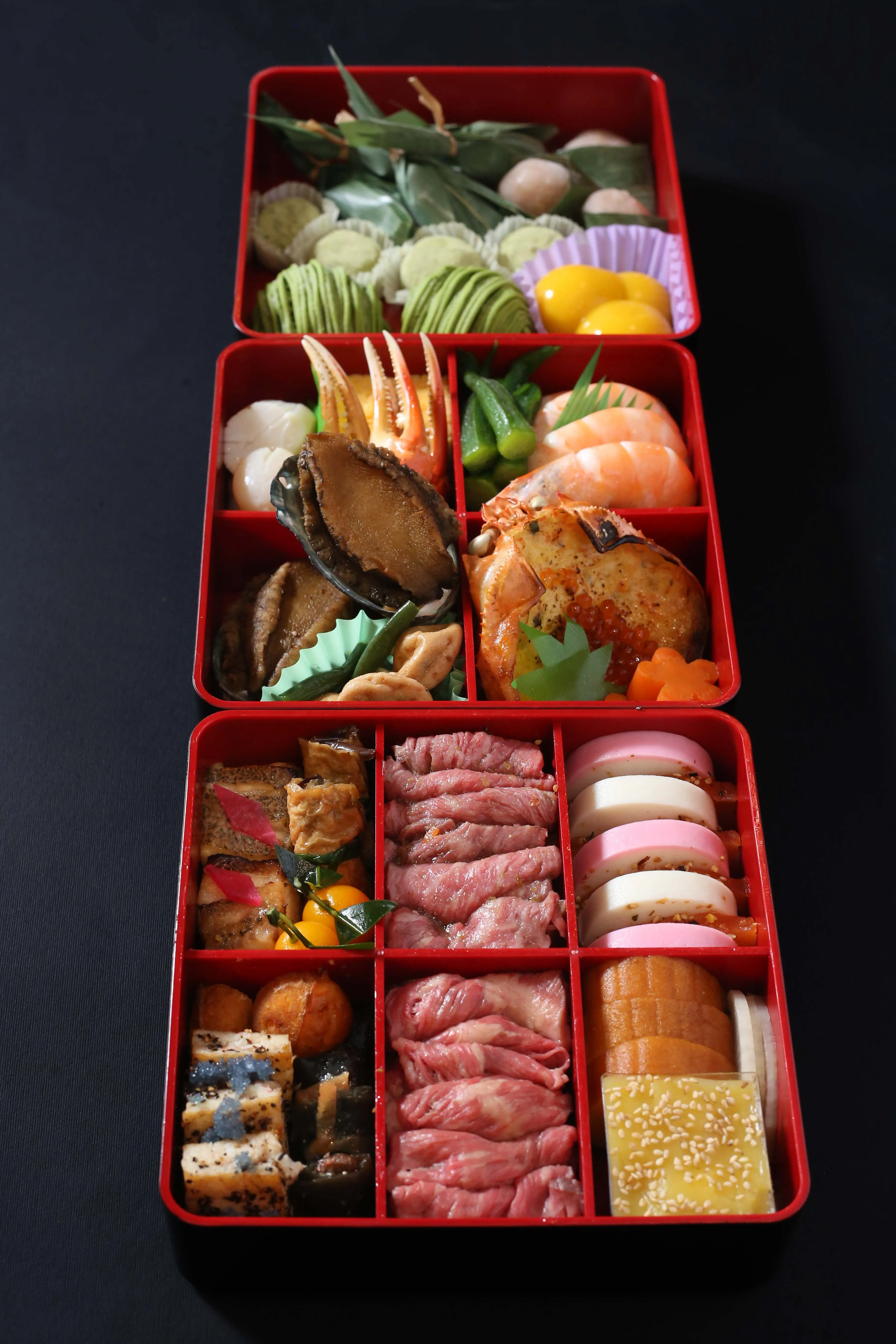 A beautiful stacked Osechi box, a traditional Japanese New Year food.