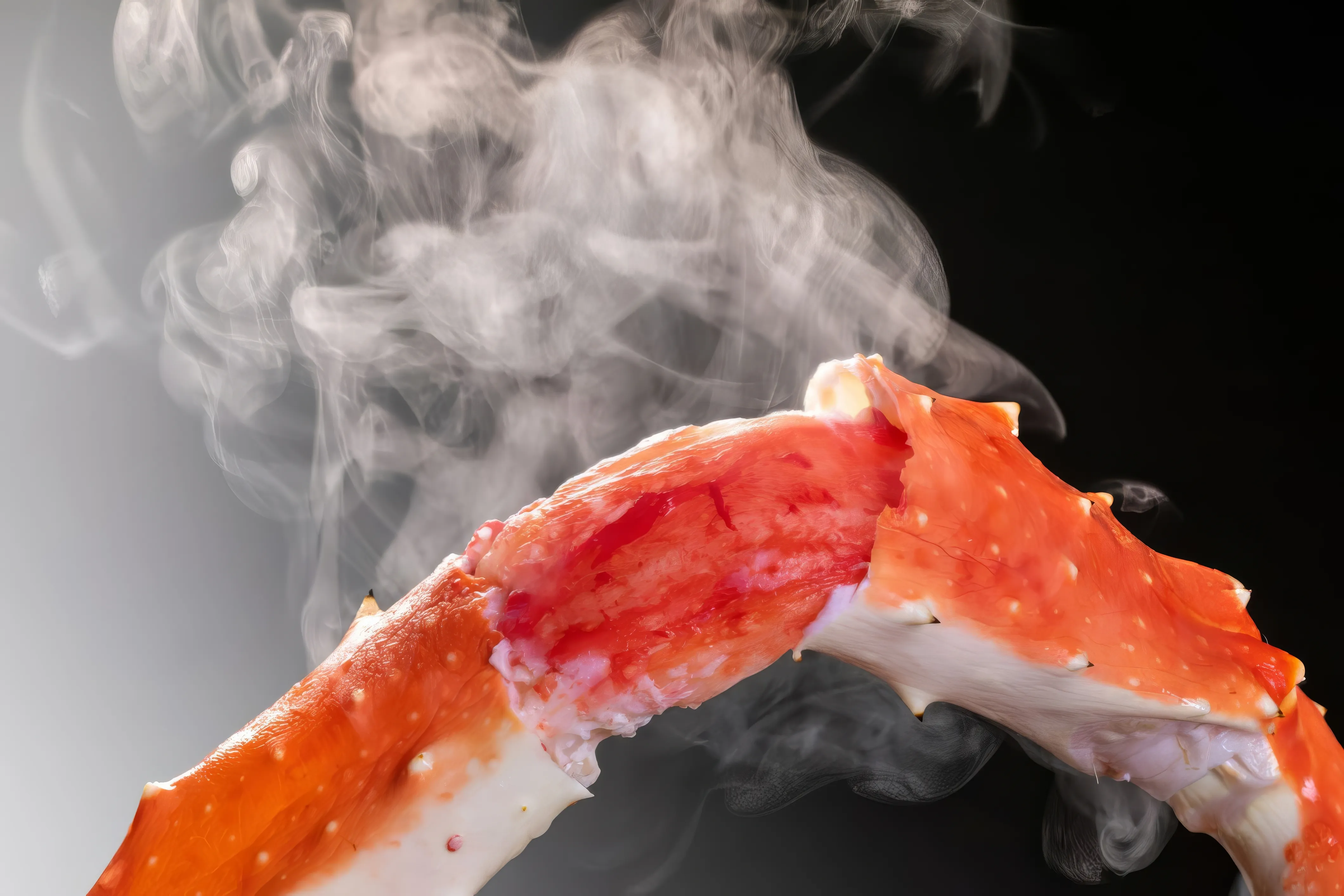 A vibrant king crab leg, cracked open to reveal succulent white meat, with steam rising against a gradient dark background.